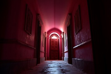 A long corridor with red walls and a closed door at the end, bathed in a mysterious light, evoking a sense of intrigue and anticipation.
