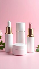 Elegant Cosmetics Set on Pink Background