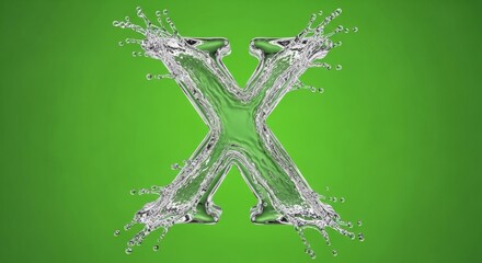 Letter X made of splashing water. Isolated liquid alphabet font on a green screen background. 3D render of a clear, fresh character for typography and design.