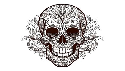 Ornate skull, detailed design, brown & white, floral patterns