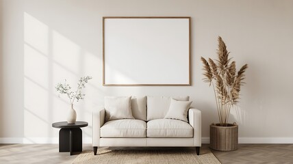 Minimalist interior mockup with blank frame sofa and decorative plants in a warm neutral-toned living room