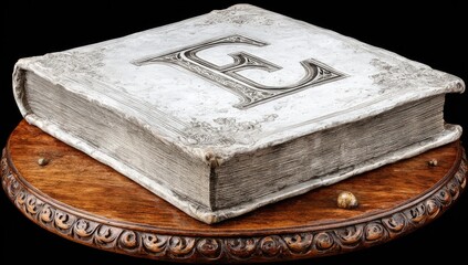 Aged book, ornate cover, capital 'E'