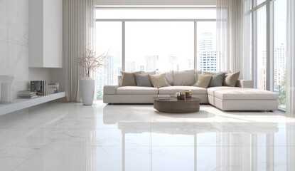 Sunlit modern living room with beige sectional sofa, coffee table,  large windows showcasing a city view, and gleaming white marble floors