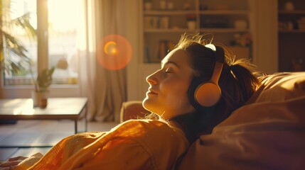 Picture about excellent human listening musical music or knowledge data. Skillful business person relaxed lying down on sofa wearing earphone listen podcast for entertainment or information. AIG61.