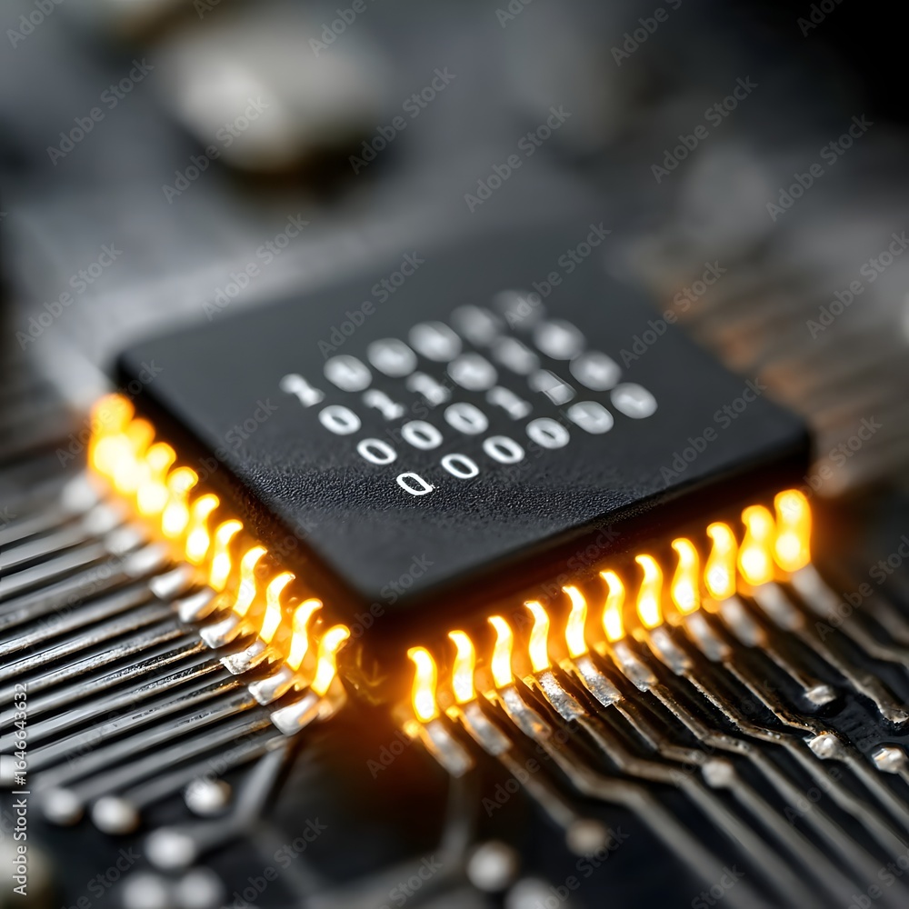 Poster ai chip on circuit board glowing with binary patterns, dark gradient fade for text overlay,