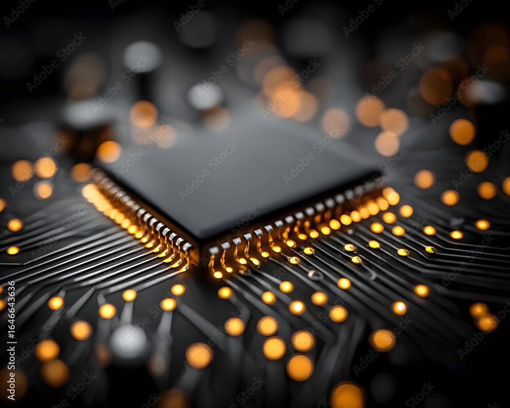 Poster ai chip on circuit board glowing with binary patterns, dark gradient fade for text overlay,