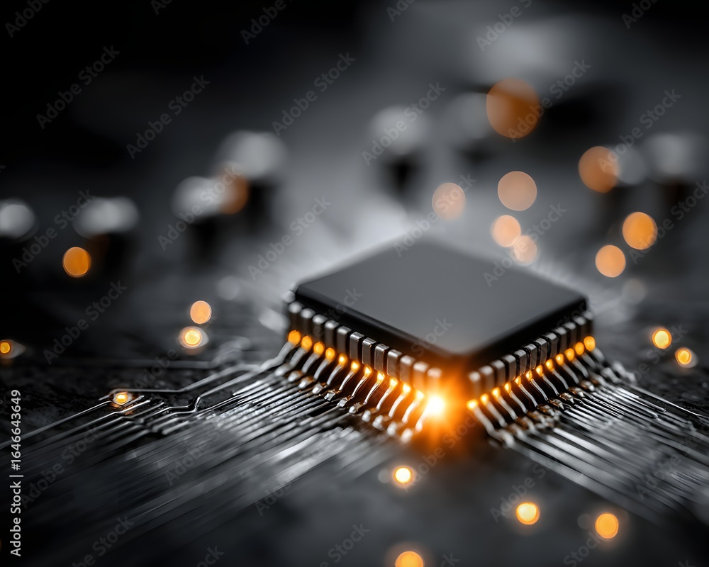 Poster ai chip on circuit board glowing with binary patterns, dark gradient fade for text overlay,