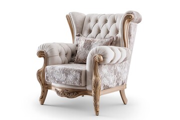 A luxury armchair isolated on a white background, designed with elegant lines and plush fabric, capturing a sense of comfort and sophistication.