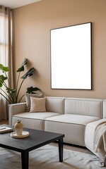 Minimalist living room interior with white sofa blank framed art plant and dark coffee table