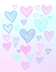Pastel-colored sketched hearts scattered on a soft gradient background