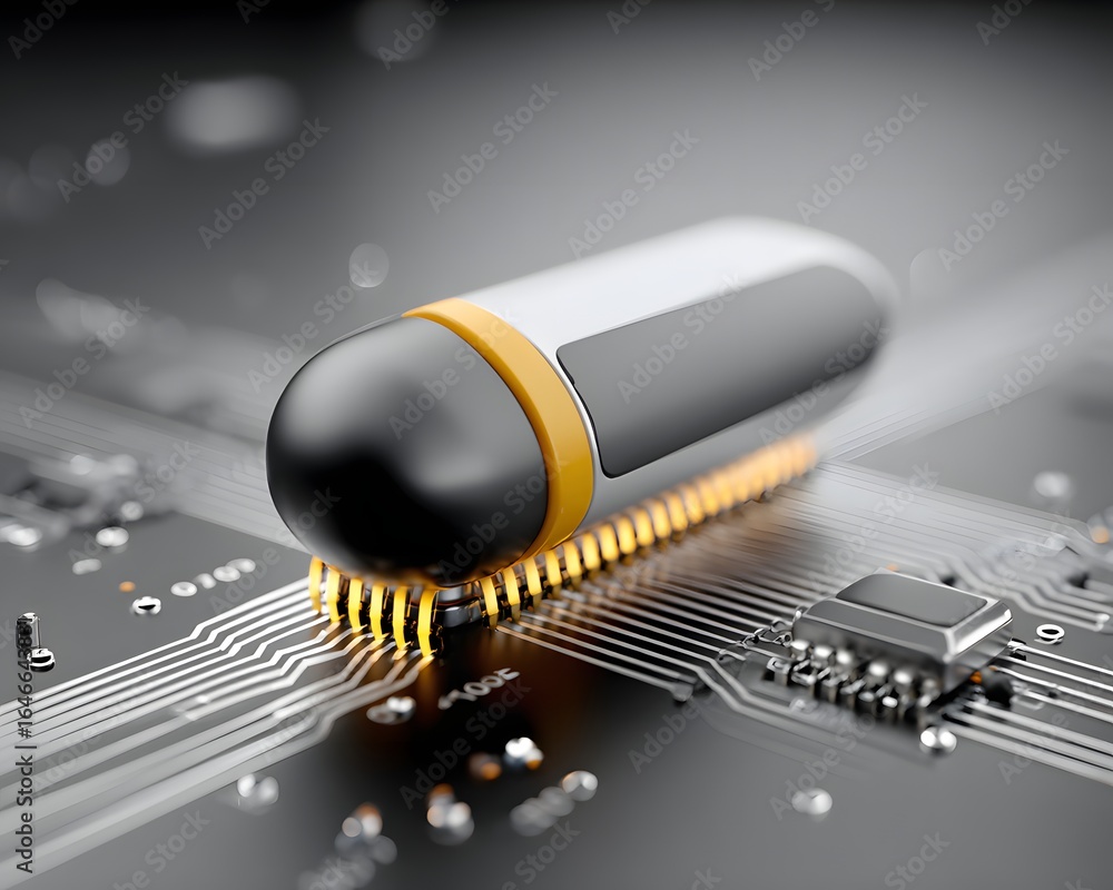Poster ai chip on circuit board glowing with binary patterns, dark gradient fade for text overlay,