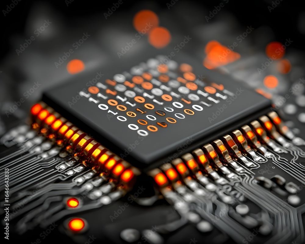 Poster ai chip on circuit board glowing with binary patterns, dark gradient fade for text overlay,