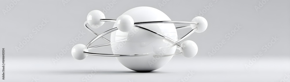 Poster conceptual 3d network sphere made of lines and dots, surrounded by empty white space,