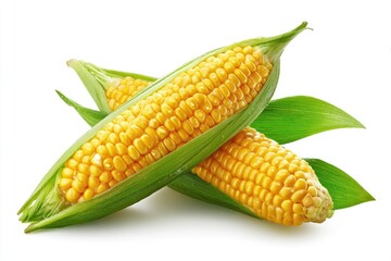 Two ears of fresh corn, vibrant yellow kernels nestled within bright green husks, presented against a pure white background