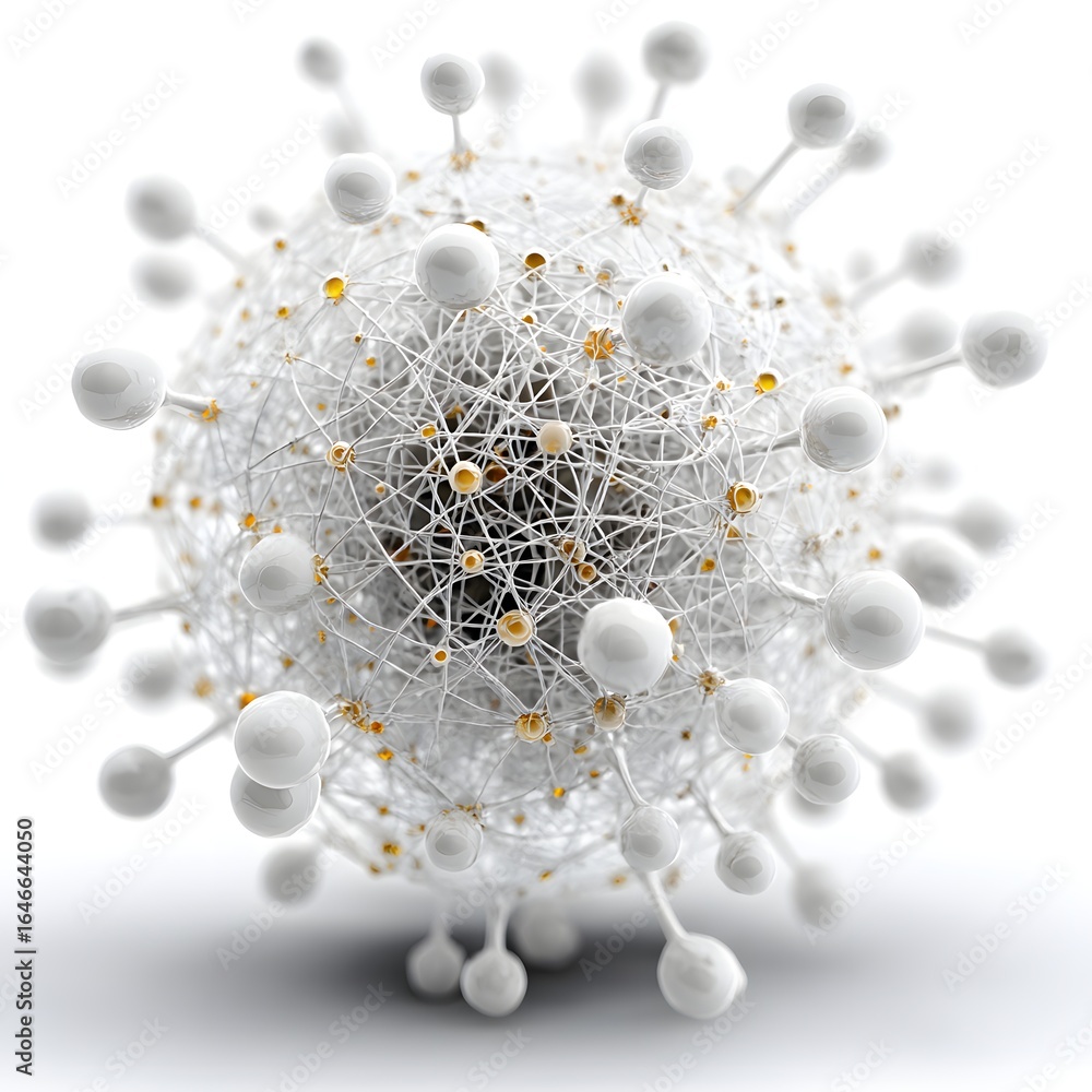 Poster conceptual 3d network sphere made of lines and dots, surrounded by empty white space,