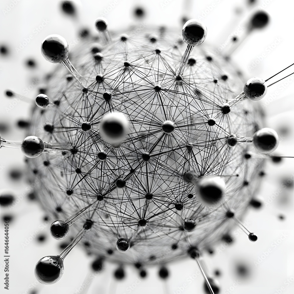 Poster conceptual 3d network sphere made of lines and dots, surrounded by empty white space,