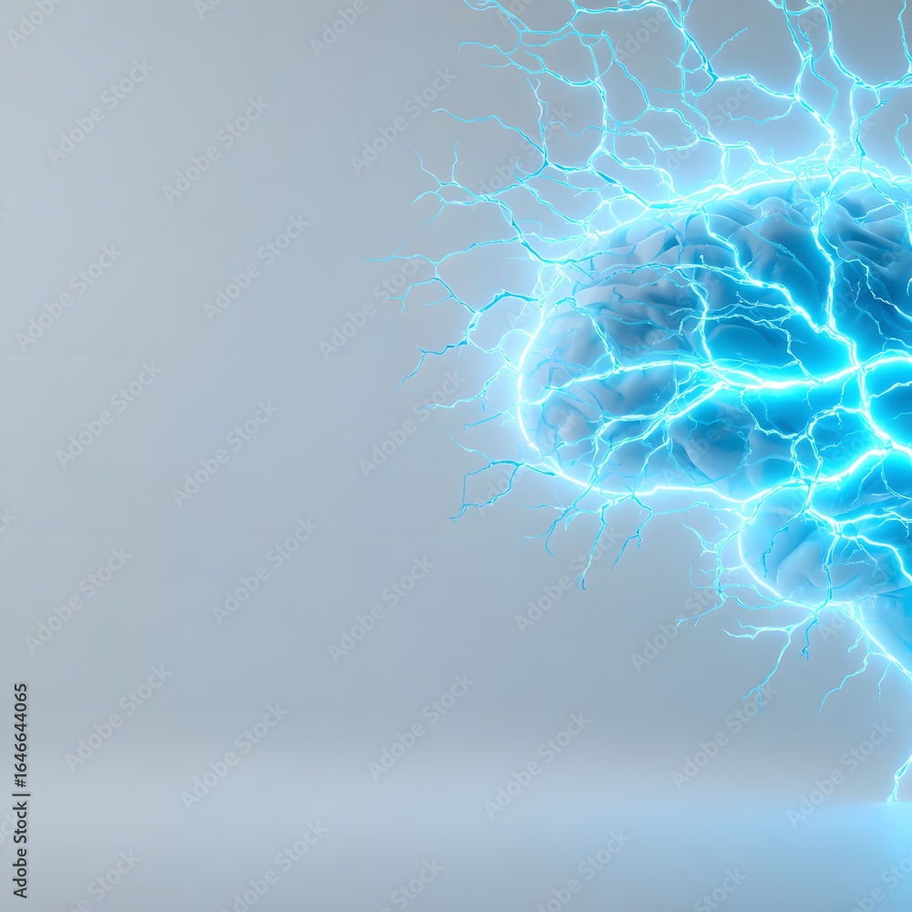 Poster digital brain interface in glowing cyan, minimal background with left margin empty,