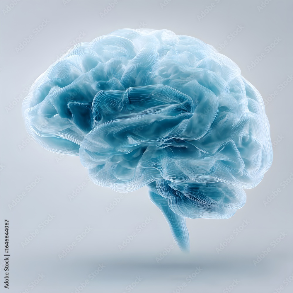 Poster Digital brain interface in glowing cyan, minimal background with left margin empty,