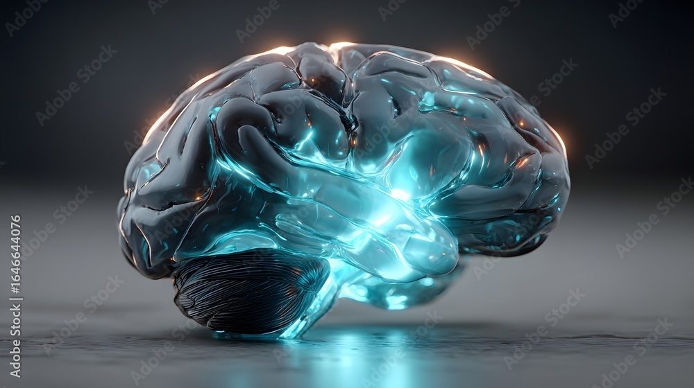 Poster digital brain interface in glowing cyan, minimal background with left margin empty,