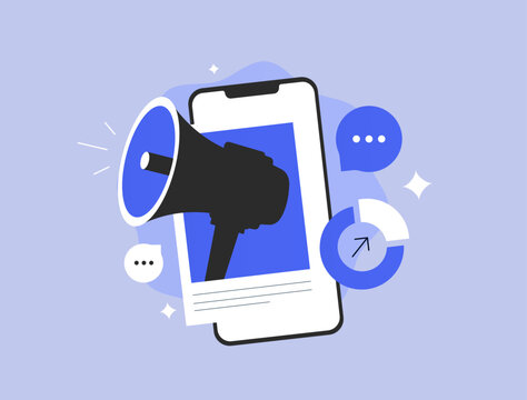 Social media marketing strategy with smartphone, megaphone, social media engagement chat bubbles, audience communication. Brand promotion for digital marketing campaigns, vector illustration