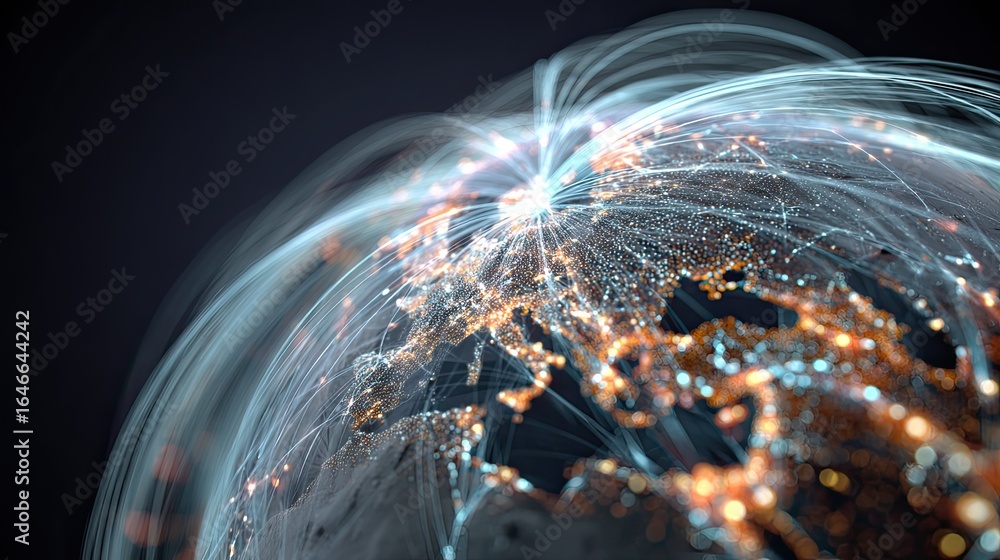Poster dynamic global network of bright lights representing data flow and connectivity across continents, s