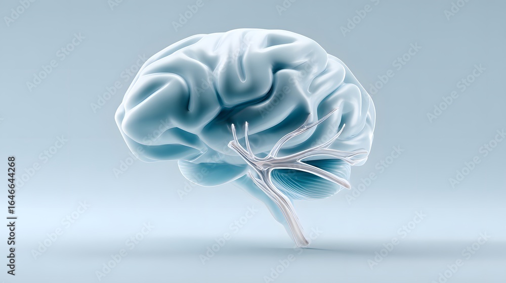 Poster digital brain interface in glowing cyan, minimal background with left margin empty,