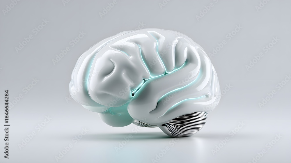 Poster digital brain interface in glowing cyan, minimal background with left margin empty,