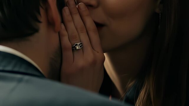 Confidential Moment: Elegant Woman Whispering Secret to a Man with Engagement Ring