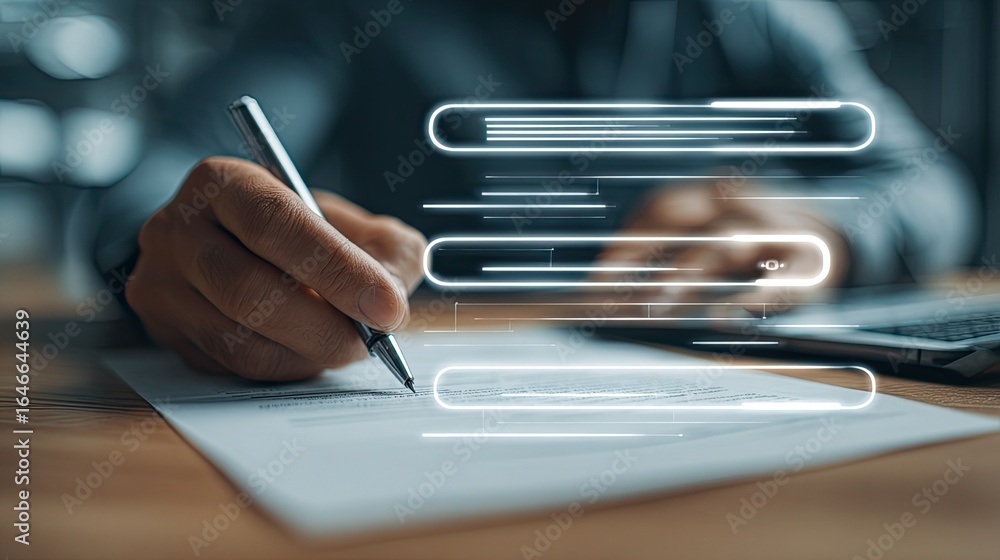 Aufkleber professional signing document with glowing digital interface overlay, symbolizing modern business an