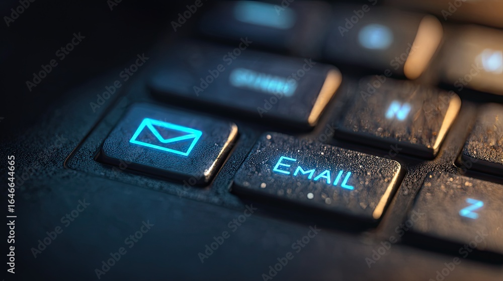 Poster instantly connect with a glowing blue email icon and illuminated key on a modern, textured keyboard,