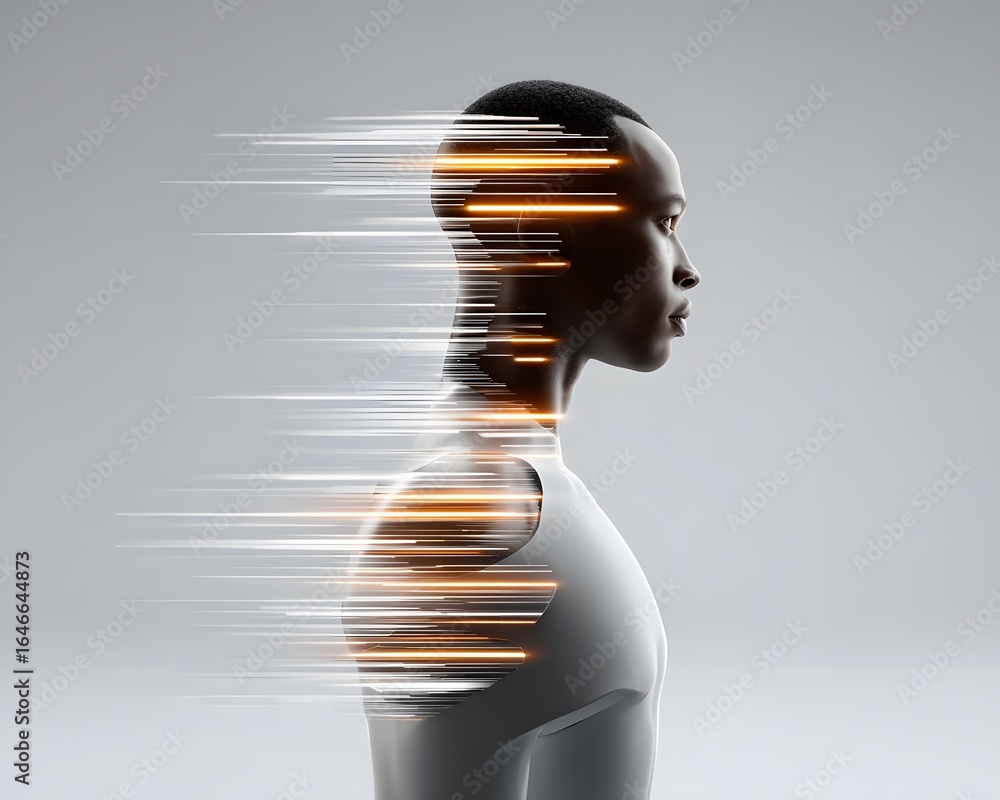 Poster human silhouette filled with data streams, surrounded by empty gradient background,