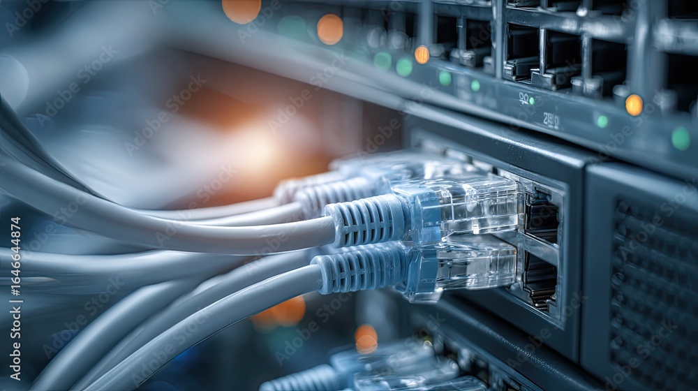 Poster dynamic server room network cables connected to modern data center equipment with glowing indicator 