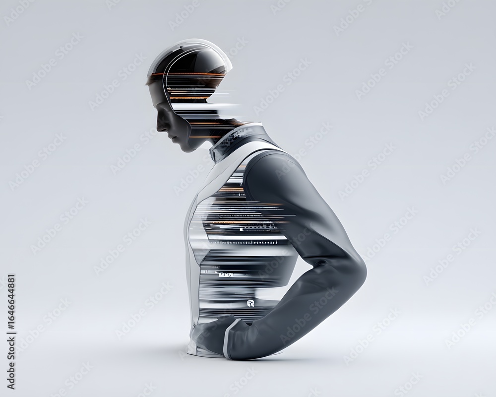 Poster human silhouette filled with data streams, surrounded by empty gradient background,