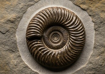 Fossilized Ammonite Shell: A spiral-shaped ancient relic embedded in stone.