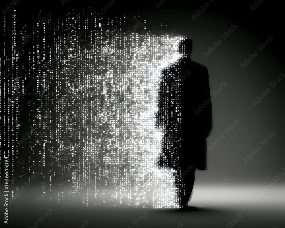 Poster human silhouette filled with data streams, surrounded by empty gradient background,