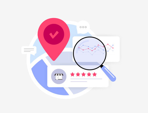 Local SEO analytics with location pin, magnifying glass, customer review rating. Local business visibility, online reputation and performance tracking for seo marketing strategy, vector illustration
