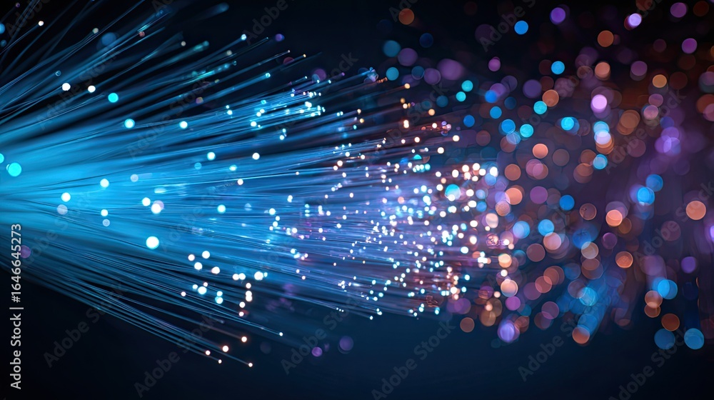 Poster stunning close-up of glowing blue fiber optic strands creating a mesmerizing bokeh effect, symbolizi