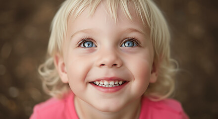 Artistic cinematic portrait of a joyful blonde child with beautiful blue eyes looking up with a happy smile.
