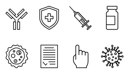 Black outline icons of antibody, shield, syringe, vial, cell, form, hand and virus. Vector Illustration