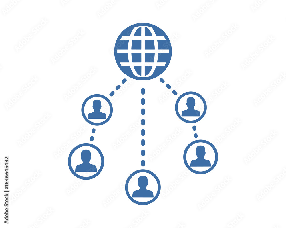 Poster blue network icon with globe and connection to human silhouettes. represents global connection and n