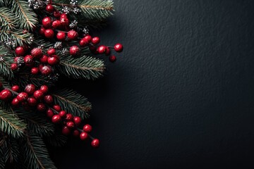 Christmas sprigs with red berries on dark background