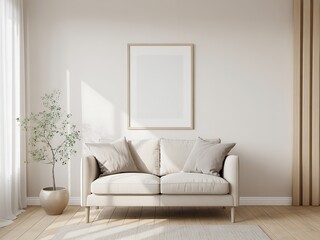 Scandinavian inspired living room interior with beige sofa framed artwork and potted plant
