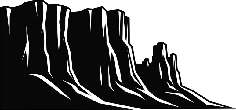 Majestic mountain range silhouette, showcasing rugged peaks, steep cliffs, and dramatic rock formations in a captivating monochrome landscape