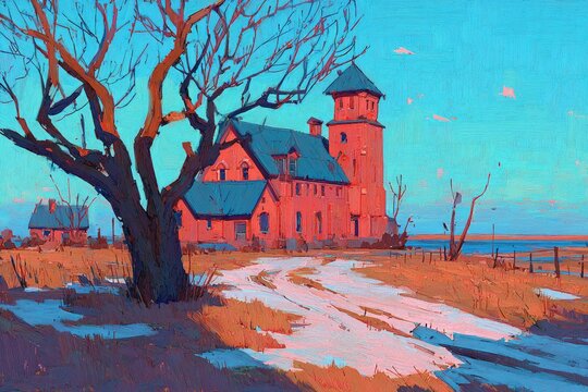 Pastel-hued, winter landscape with a pinkish-red building and a bare tree