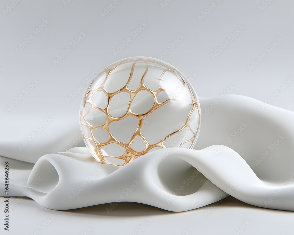 Poster transparent neural net sphere in soft focus, bottom half empty for title,