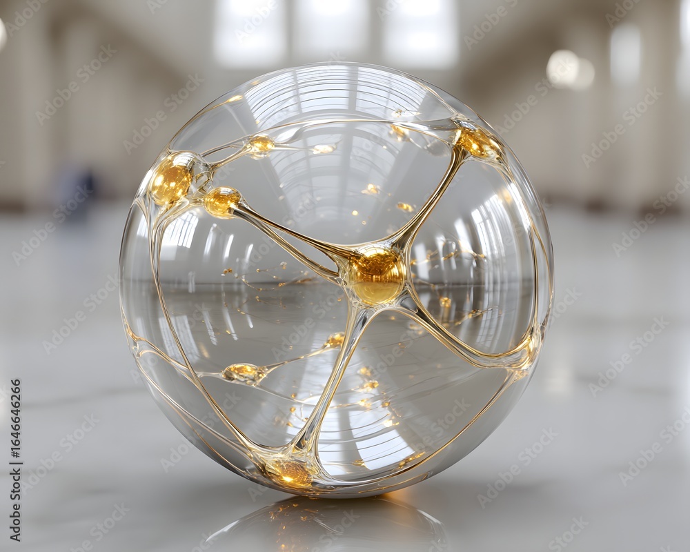 Poster transparent neural net sphere in soft focus, bottom half empty for title,