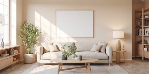 Scandinavian inspired living room with beige sofa blank picture frame plants and wooden furniture