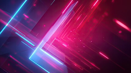 Dynamic abstract neon light streaks create a vibrant futuristic tunnel effect with glowing particles and sharp geometric lines in a dark cyberspace