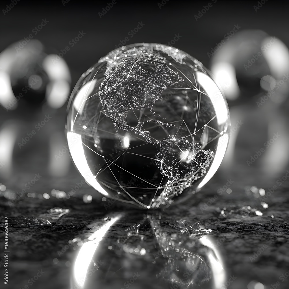Poster transparent neural net sphere in soft focus, bottom half empty for title,