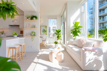 Contemporary living space with muted color palette and ambient daylight for serene home decor